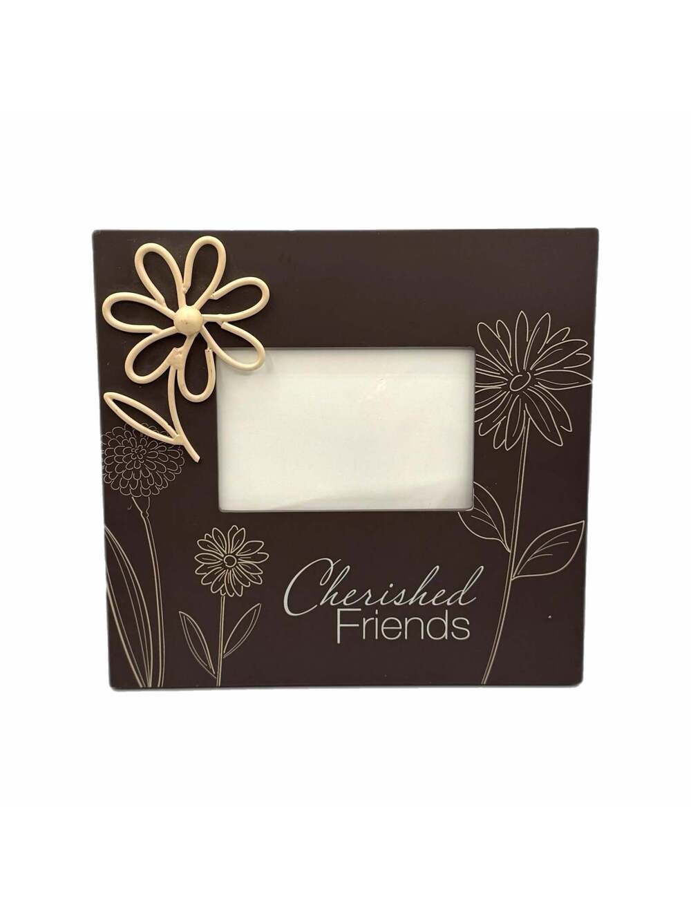 Vintage “Cherished Friends” Brown Wood 3D Flower Picture Frame – 4x6-Inch Photo